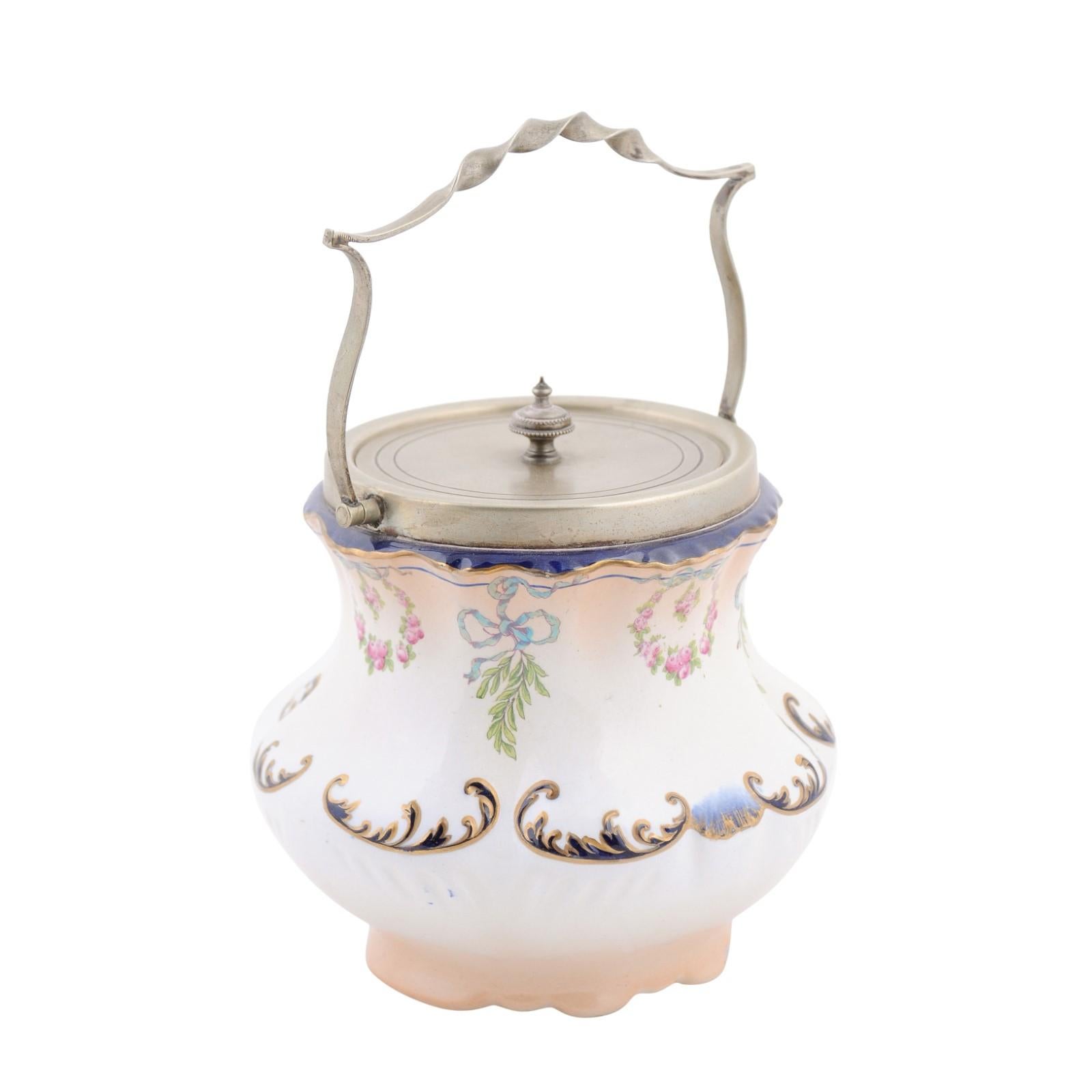 England Crescent Ware 1890s Porcelain Pot with Floral Motifs and EPNS Lid For Sale