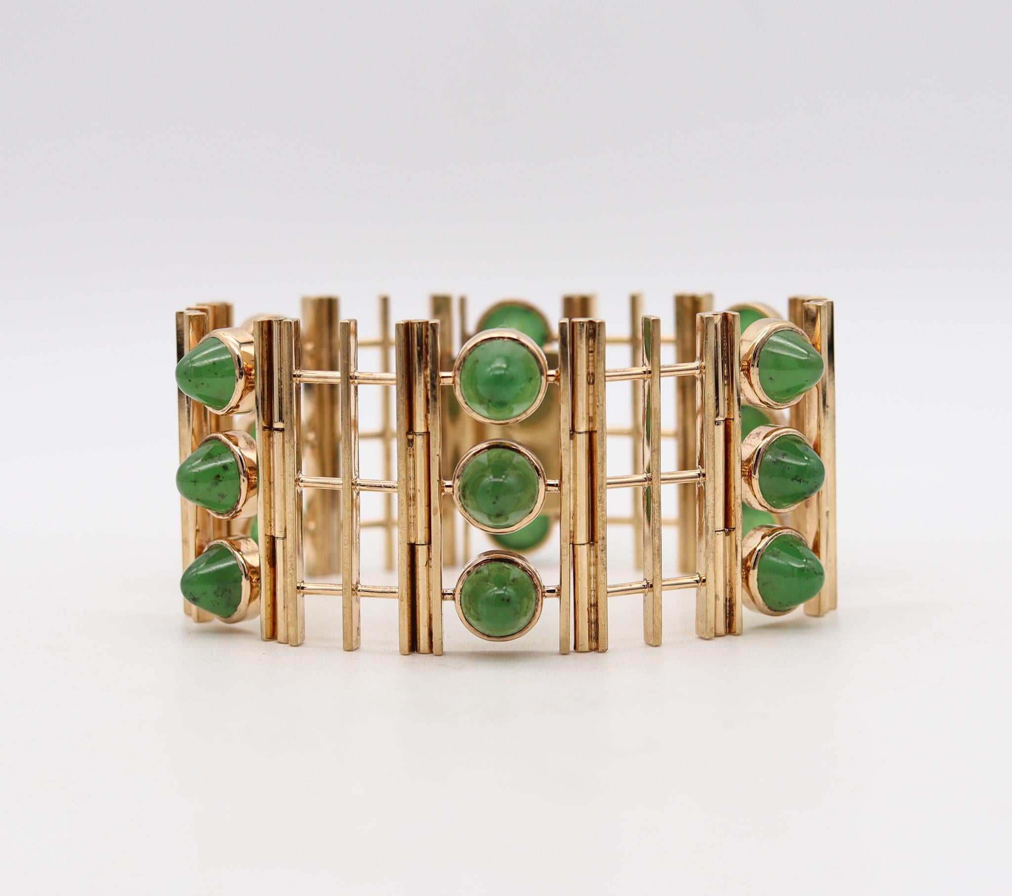 Geometric modernist bracelet made in England.

Amazing geometric and modernist bracelet, created in England by an enigmatic designer to us, with initials WW. It was realized with architectural patterns, during the post war period, back in the 1950.