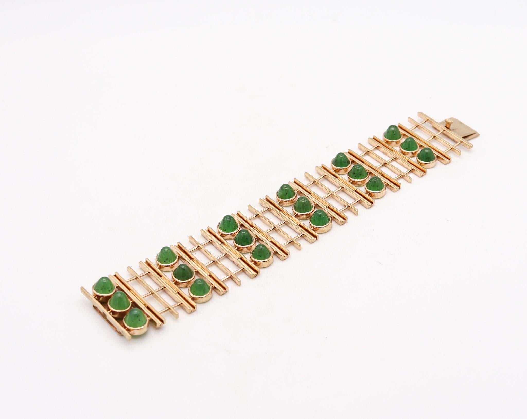 Women's or Men's England Geometric Modernist Bracelet I 9Kt Gold With 45.18 Ctw In Nephrite Jade For Sale