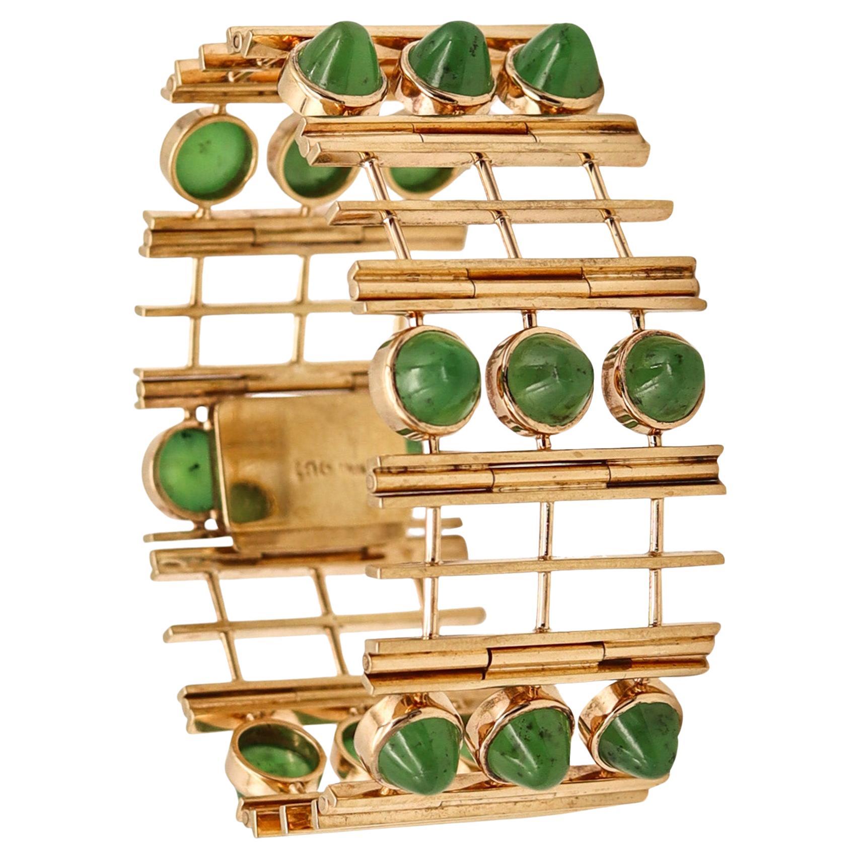 England Geometric Modernist Bracelet I 9Kt Gold With 45.18 Ctw In Nephrite Jade For Sale