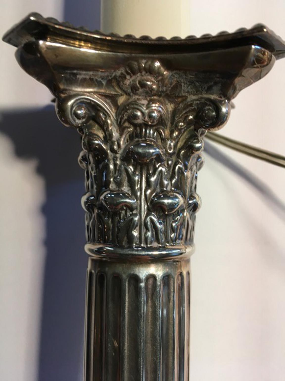 England Pair of Neoclassical Style Silver Candleholders Table Lamps, circa 1890 7