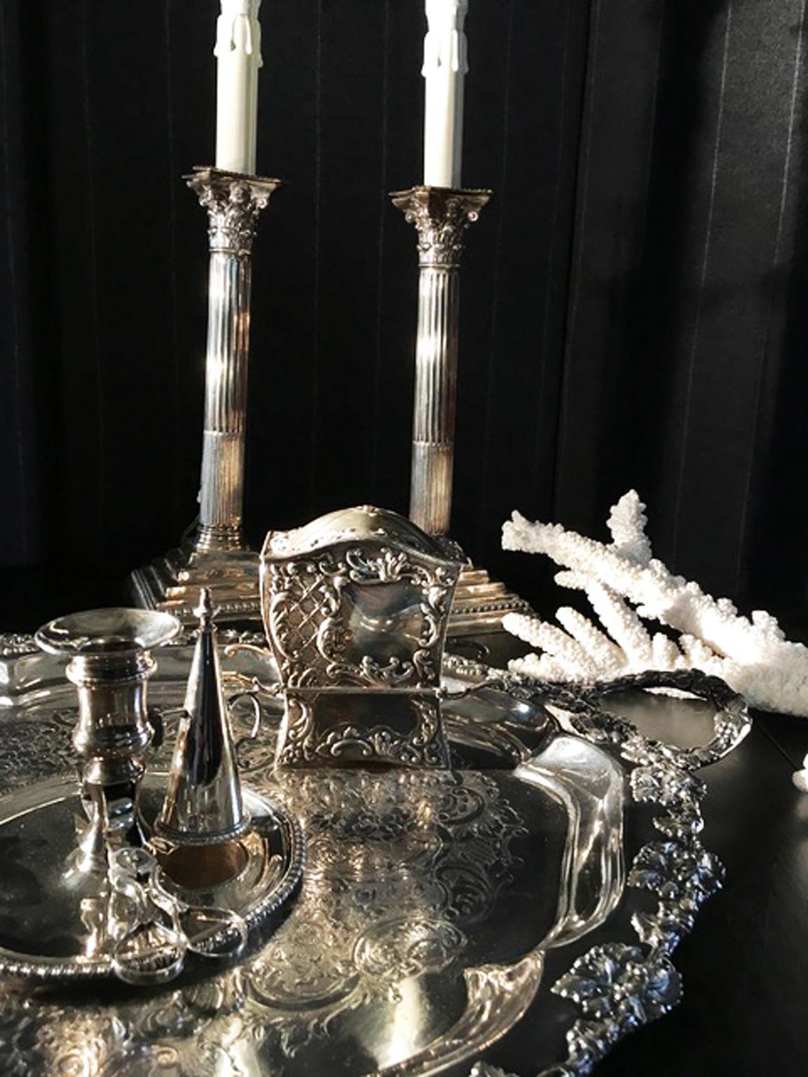 England Pair of Neoclassical Style Silver Candleholders Table Lamps, circa 1890 1