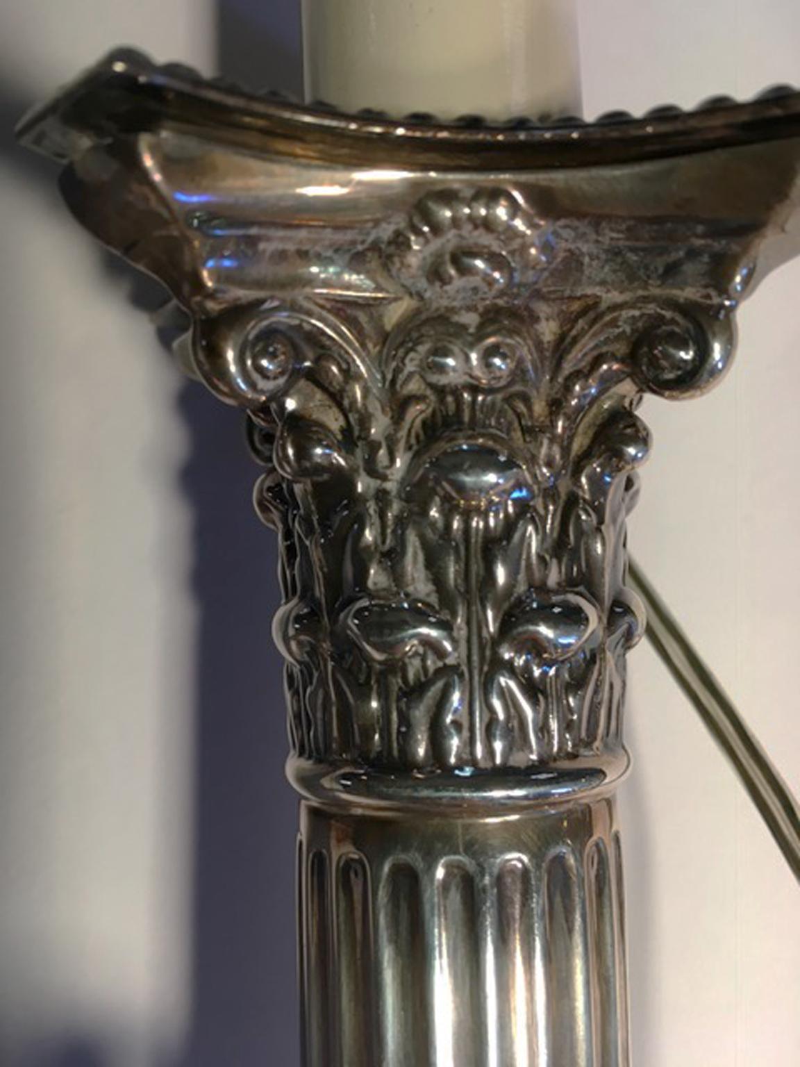 England Pair of Neoclassical Style Silver Candleholders Table Lamps, circa 1890 3