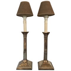 England Pair of Neoclassical Style Silver Candleholders Table Lamps, circa 1890