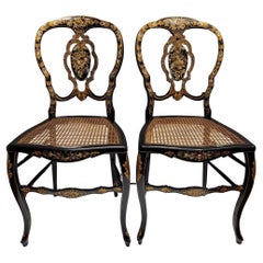 England Victorian Pair of black lacquer  mother-of-pearl inlaid chairs
