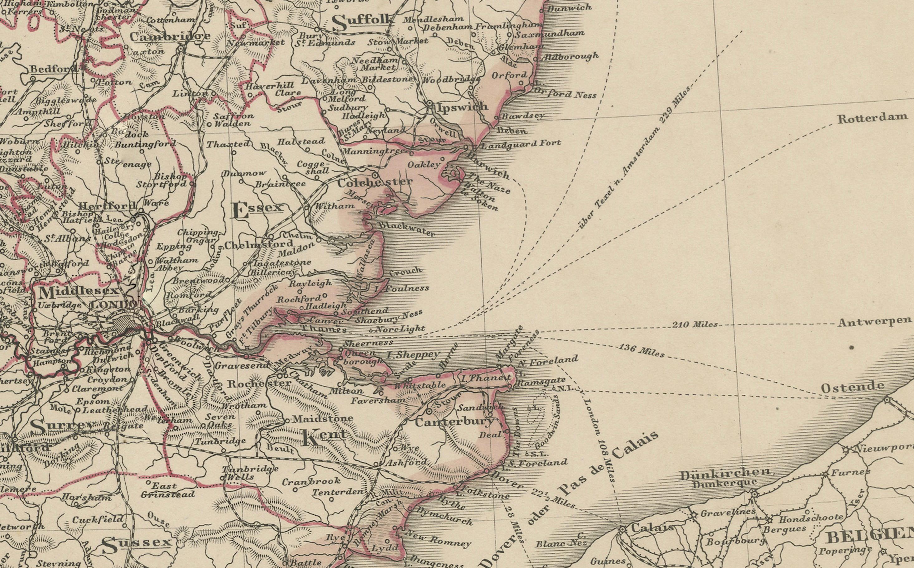 Inglaterra y Gales en 1857 - Mapa antiguo decorativo con rutas ferroviarias Alemán en venta