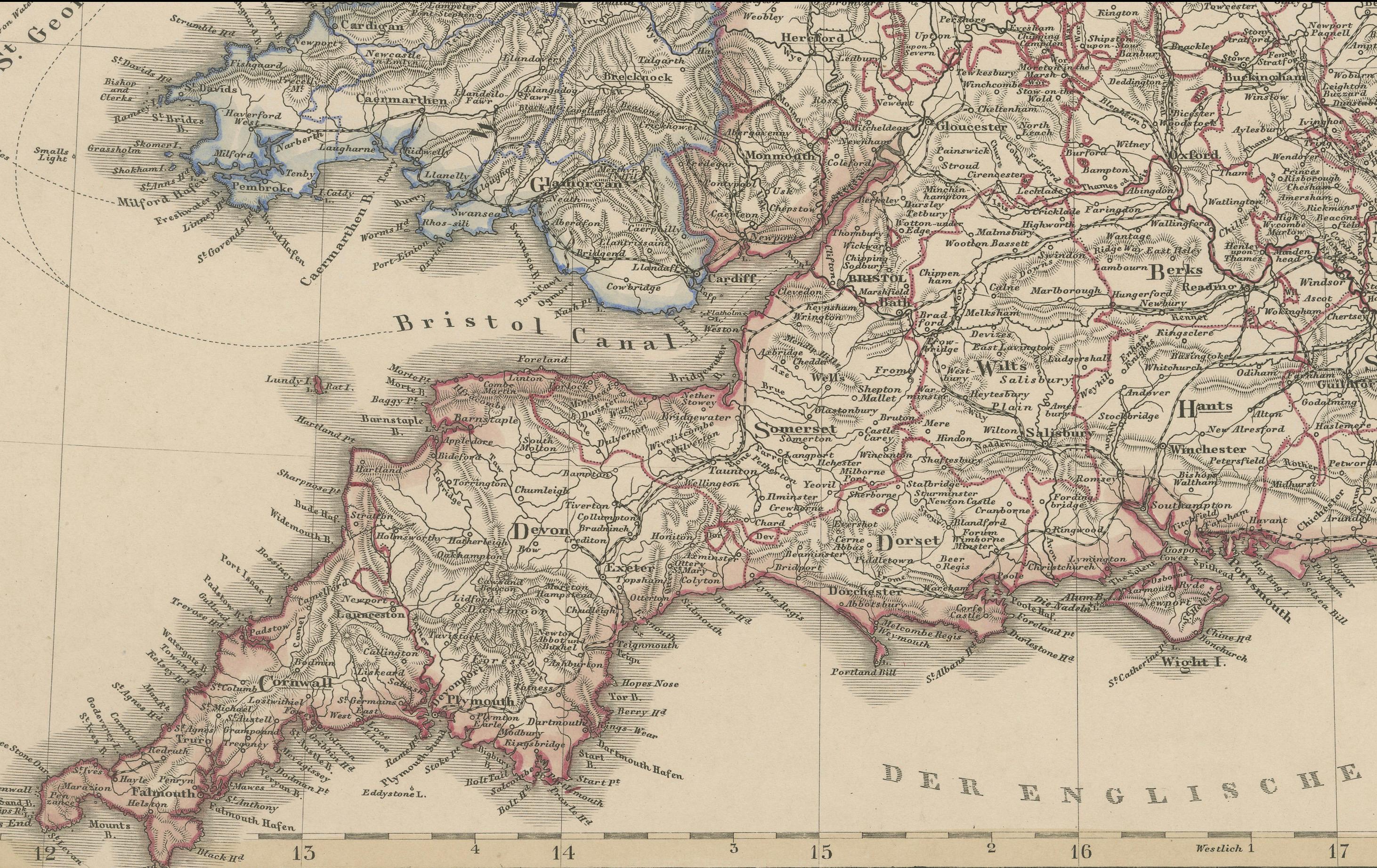 Inglaterra y Gales en 1857 - Mapa antiguo decorativo con rutas ferroviarias Grabado en venta