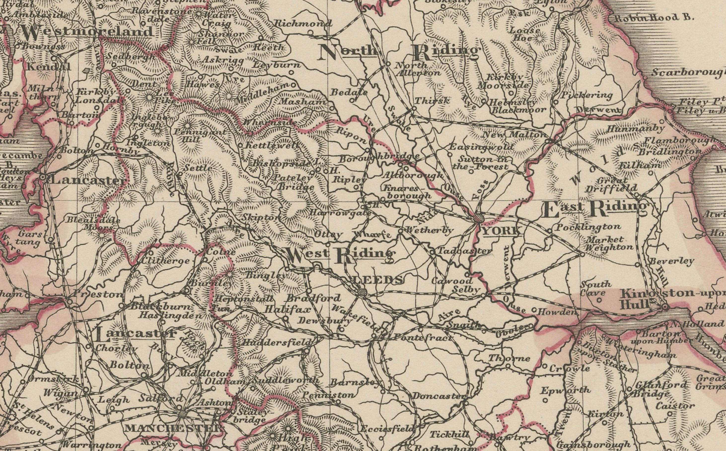Inglaterra y Gales en 1857 - Mapa antiguo decorativo con rutas ferroviarias siglo XIX en venta
