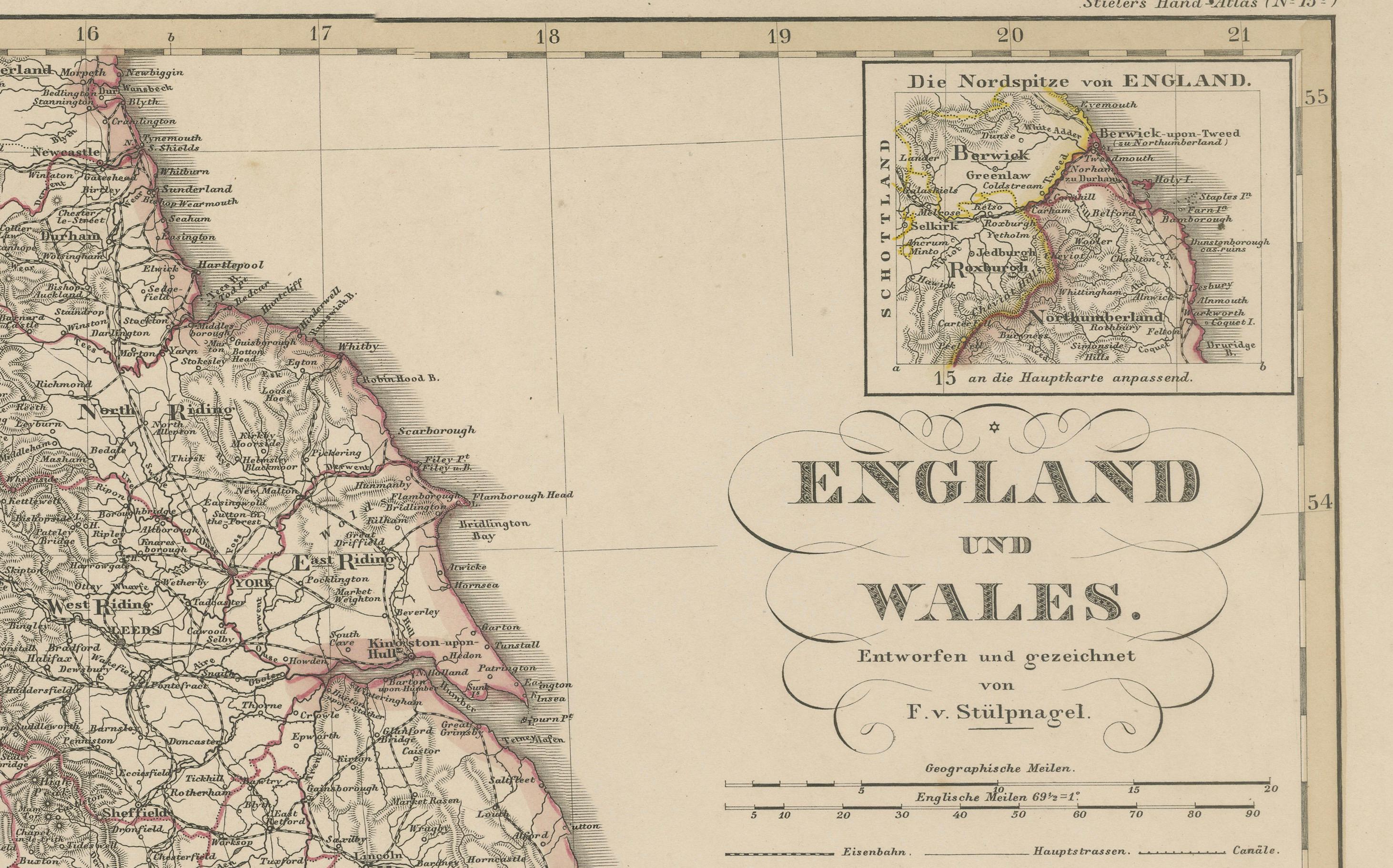 Inglaterra y Gales en 1857 - Mapa antiguo decorativo con rutas ferroviarias en venta 1