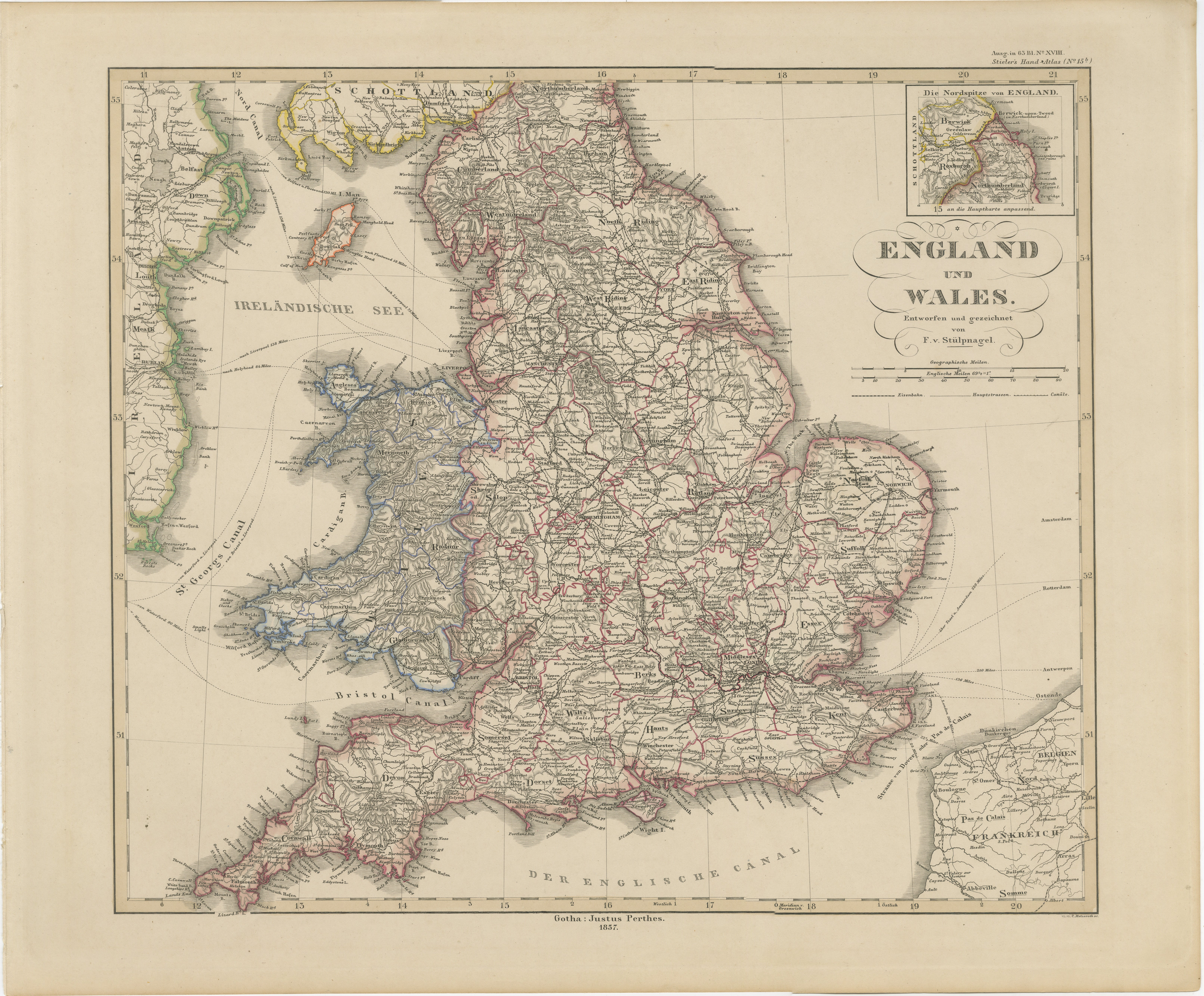Inglaterra y Gales en 1857 - Mapa antiguo decorativo con rutas ferroviarias