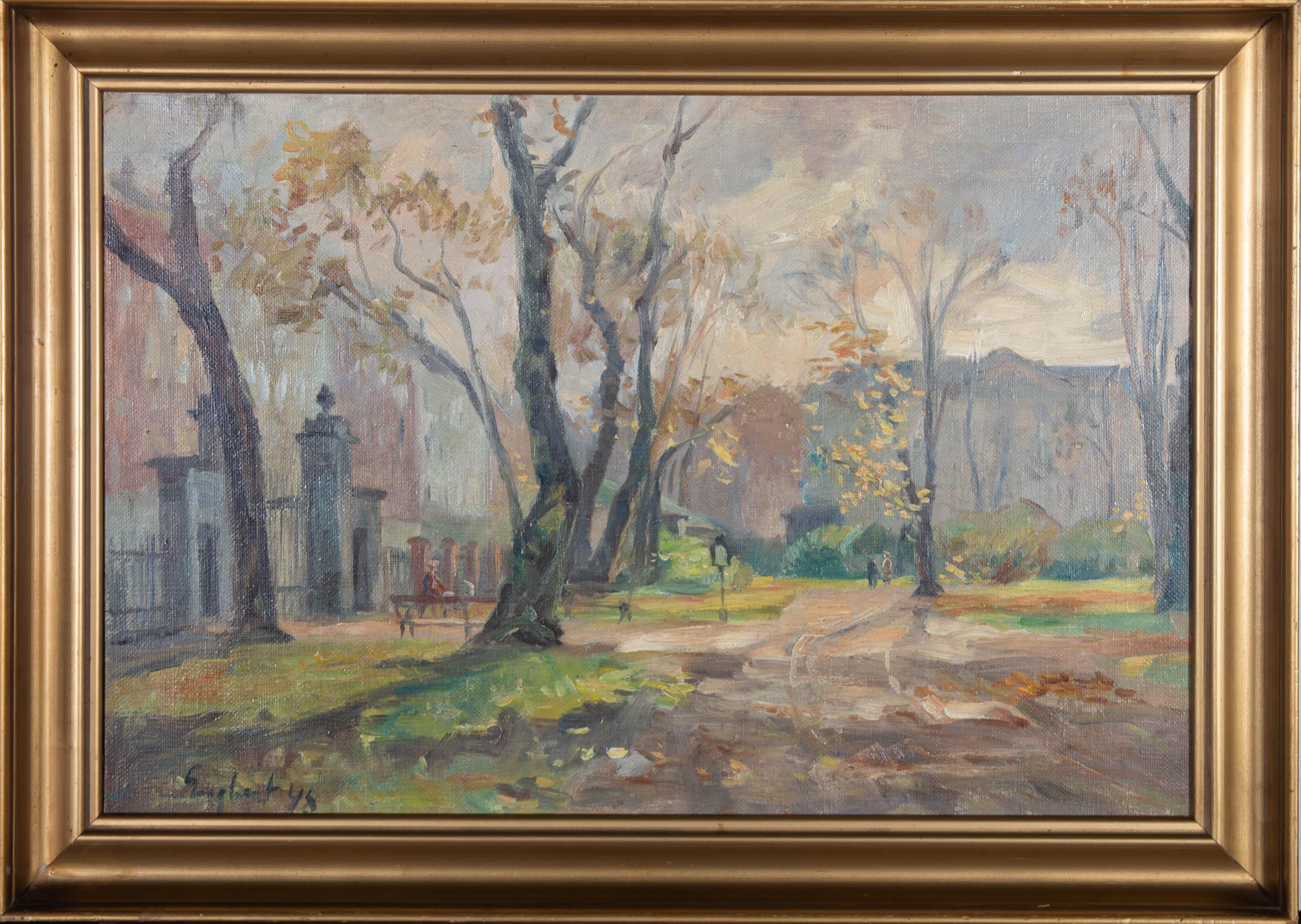 This charming scene incorporates a muted colour palette and impressionist style to depict figures strolling through a gated park. The soft pinks and greens create a tranquil atmosphere, perfectly capturing the feeling of an a quiet park on a winter