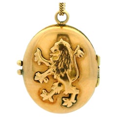 English 14K Gold Heraldic Lion Rampant Oval Photo Locket Pendant, Circa 1940