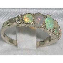 English 14K White Gold Natural Colourful Opal Victorian Style Ring Customizable