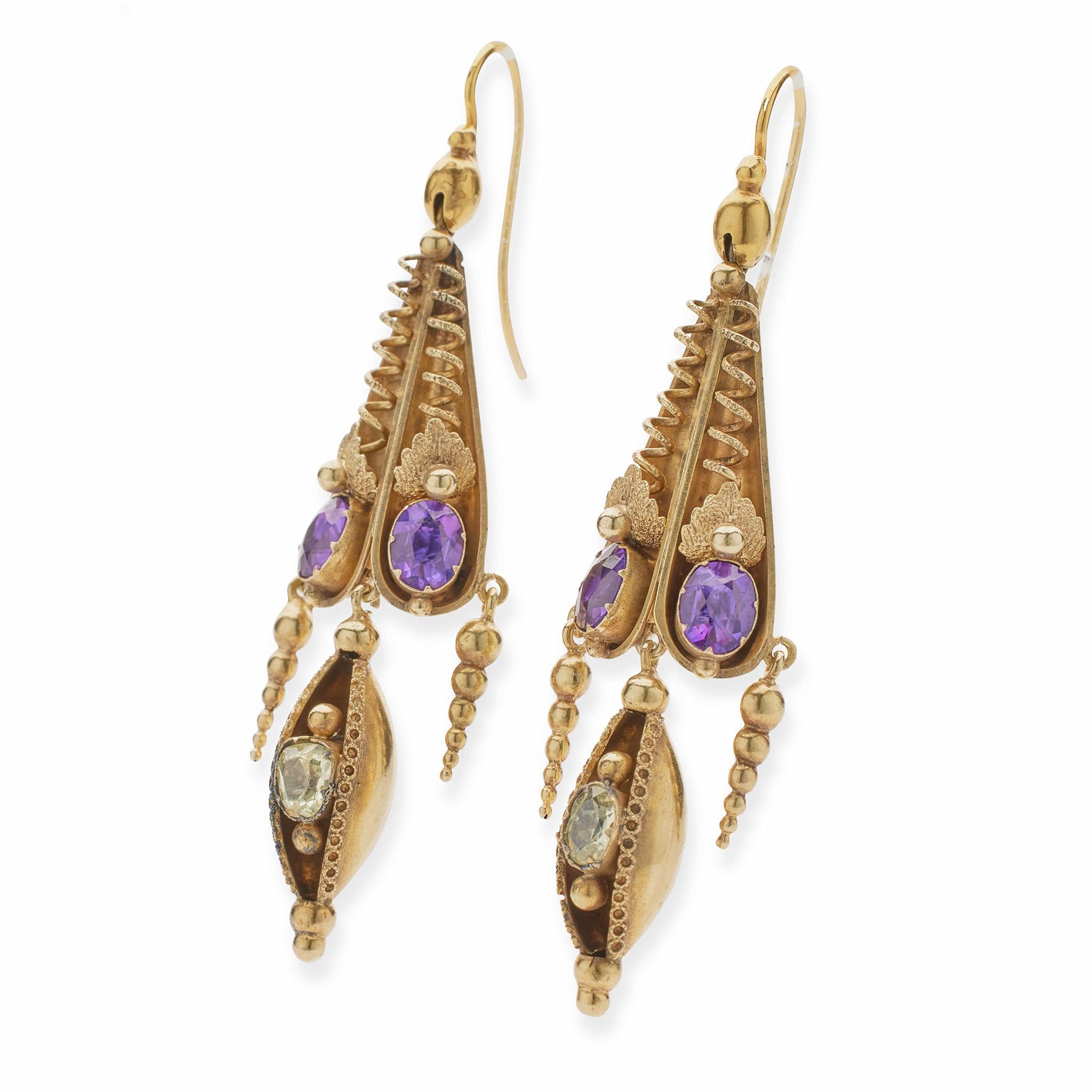 Victorian English 15k Gold Amethyst and Green Chrosberyl Pendant Earrings For Sale