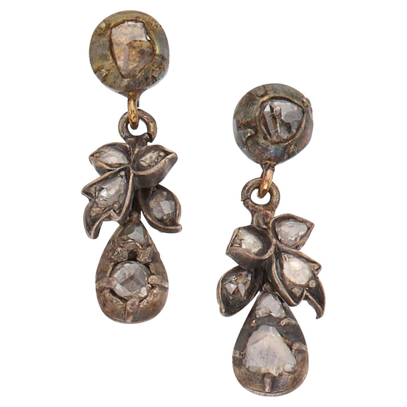 Impressive Antique Rose Cut Pear Shape Diamond Flower Earrings Pendant ...