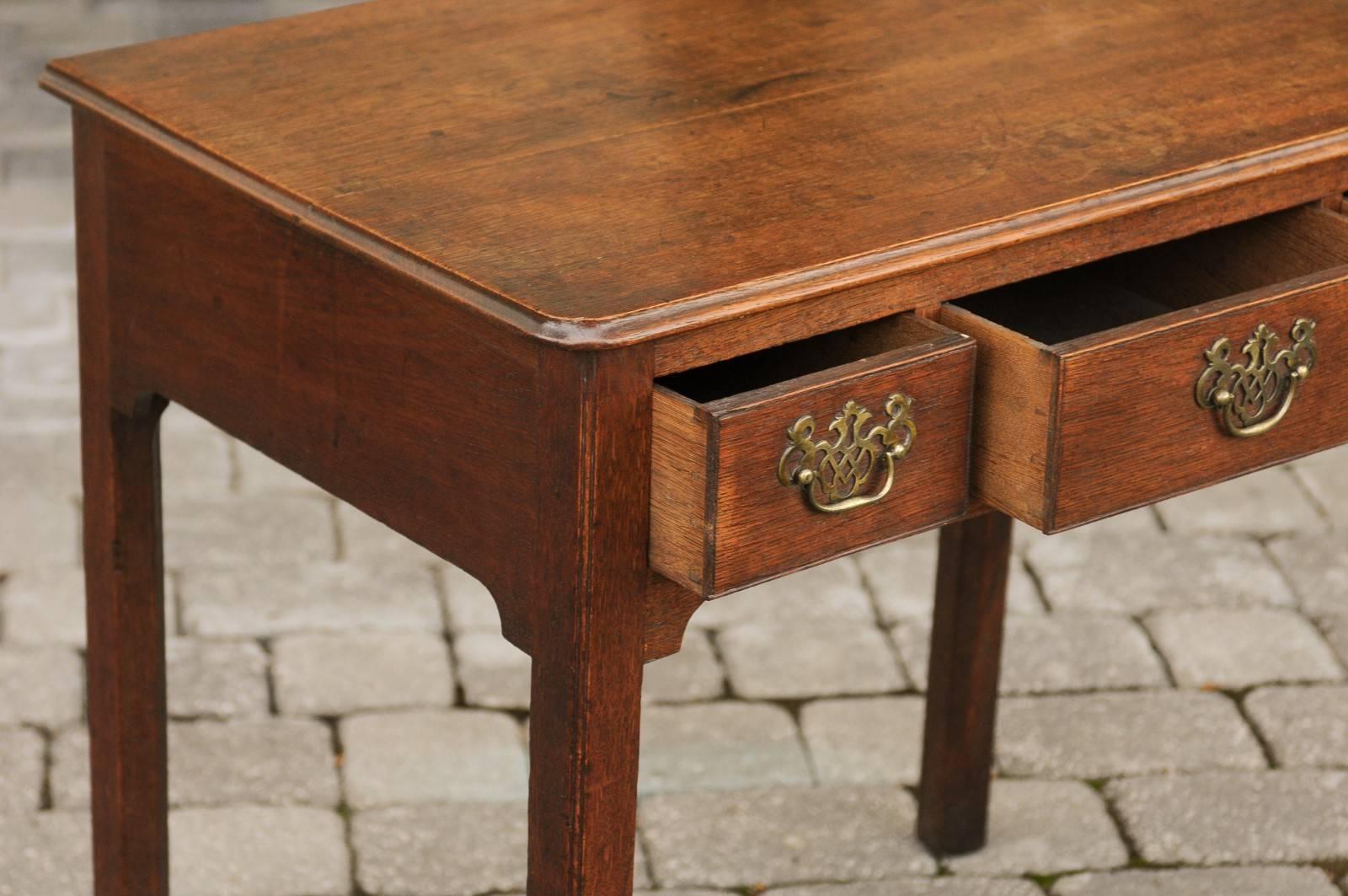 Brass English 1780s Georgian Oak Side Table with Marlborough Legs and Chinoiserie For Sale