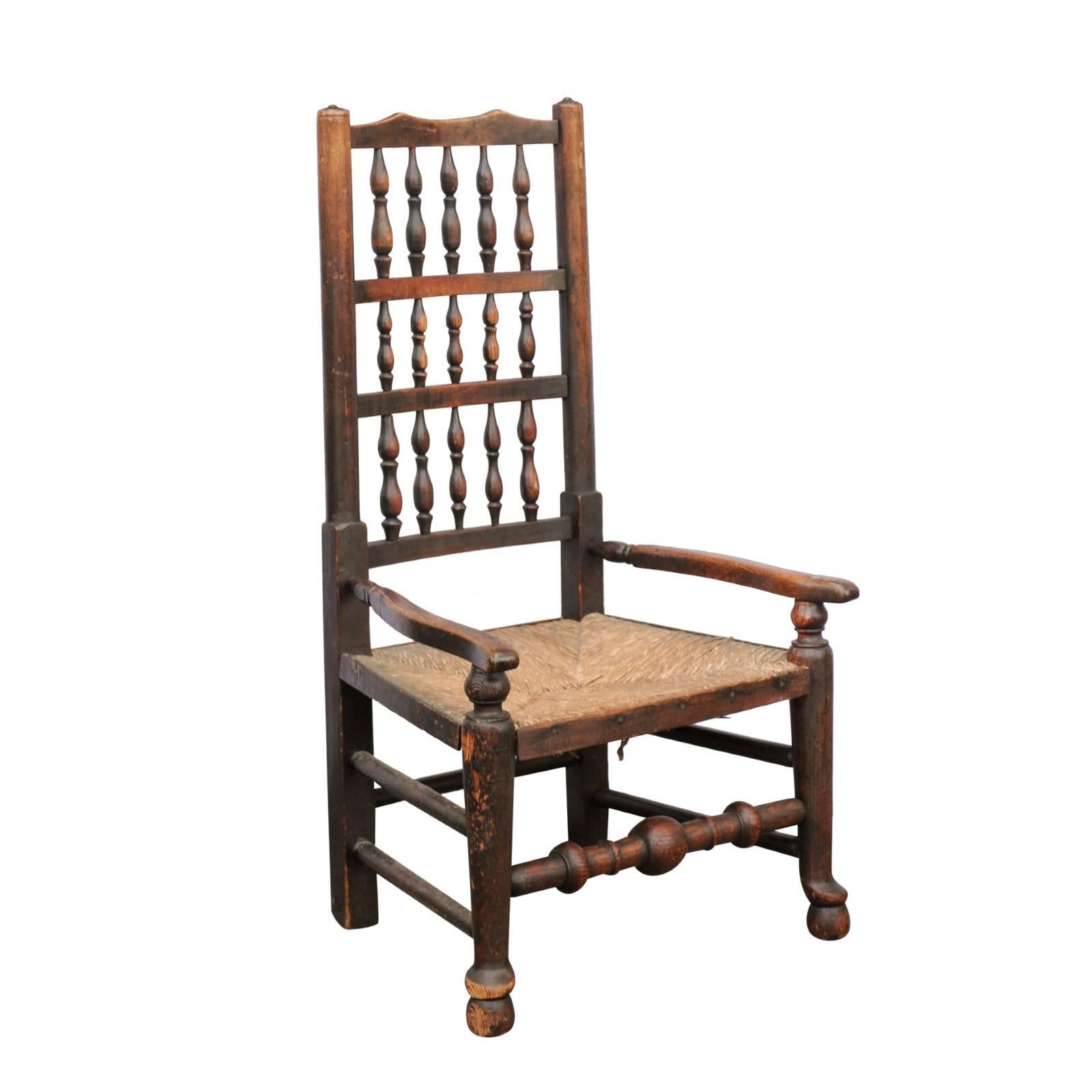 English 1780s Oak William and Mary Style Open Arm Youth Chair with Rush Seat