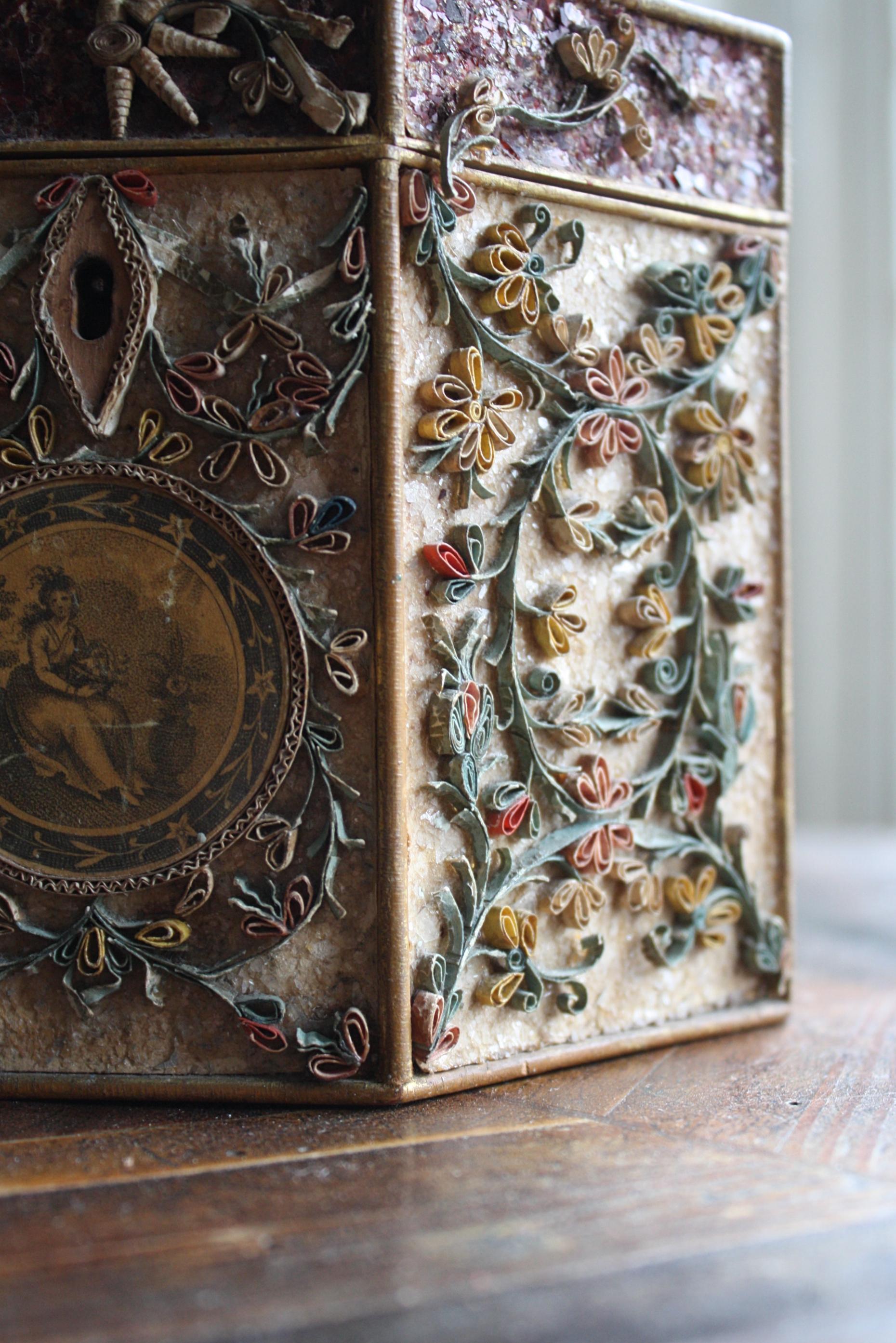 18th Century English 1790 George III Quill Work Scrollwork Decorated Tea Caddy For Sale