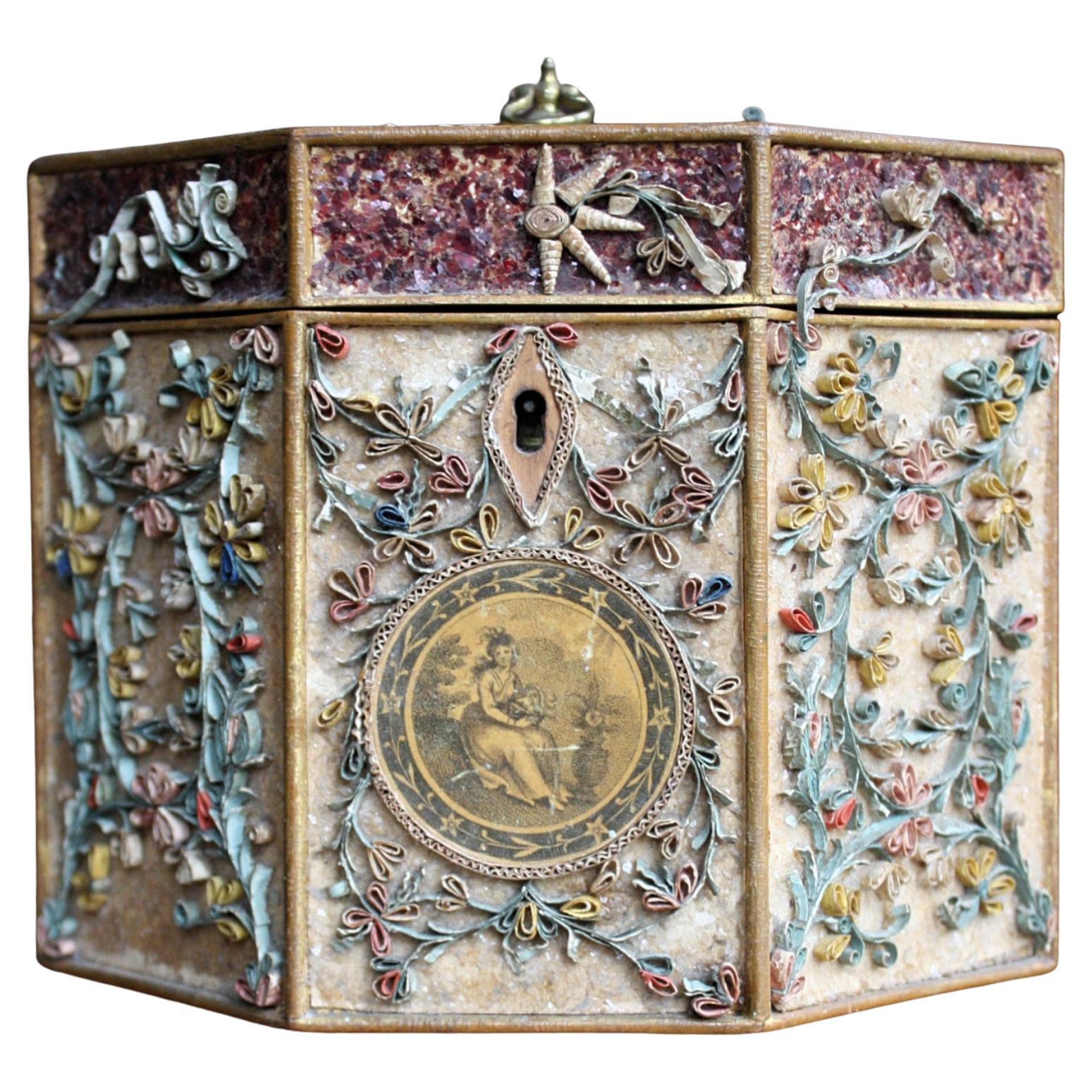 English 1790 George III Quill Work Scrollwork Decorated Tea Caddy For Sale