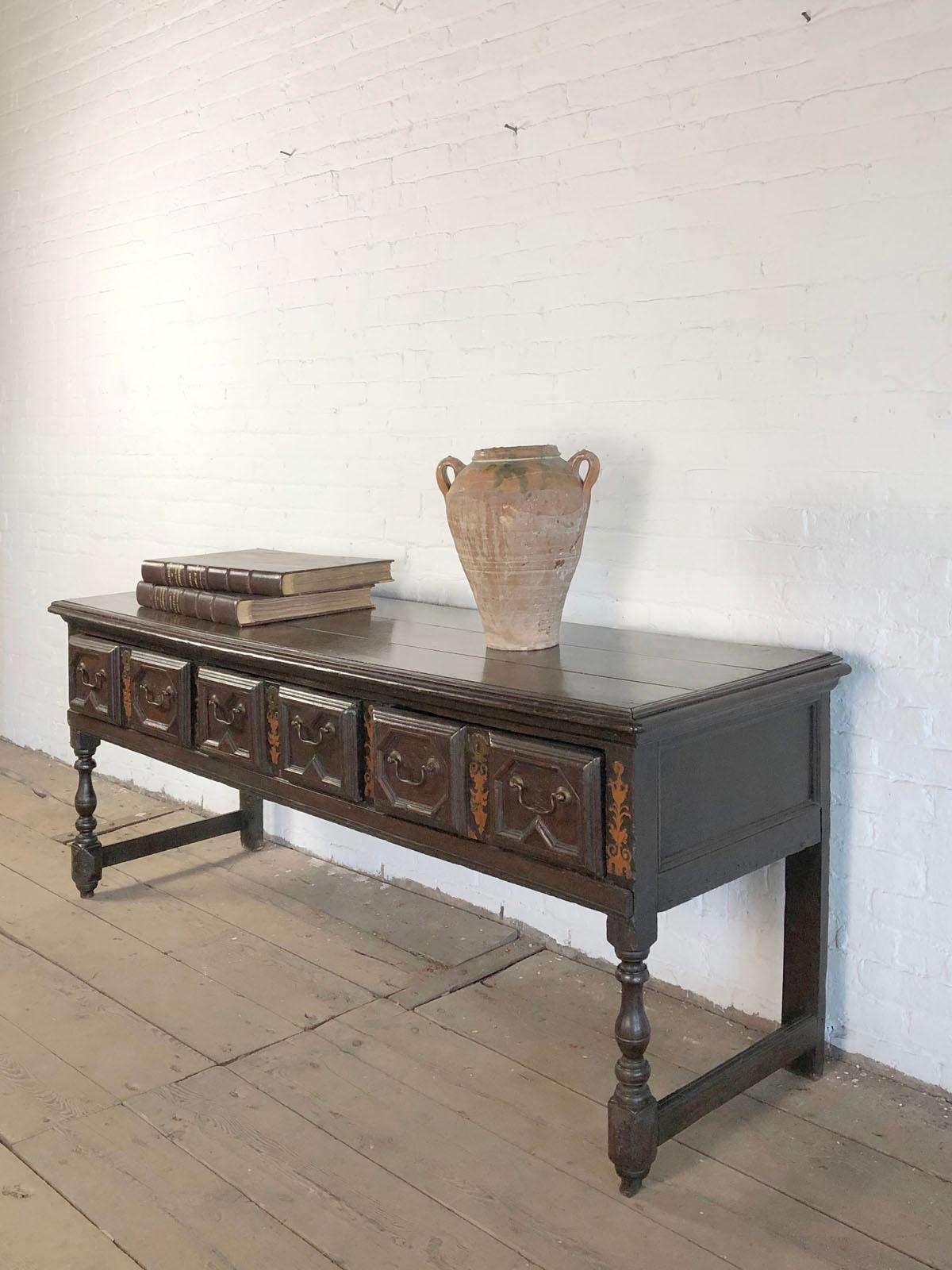 Brass English 17th Century Charles II Oak low Dresser For Sale