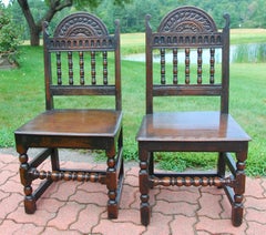 English 17th Century Charles II Period Pair of Oak Carved Chairs, Back Stools