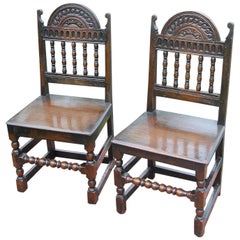 English 17th Century Charles II Period Pair of Oak Carved Chairs, Back Stools