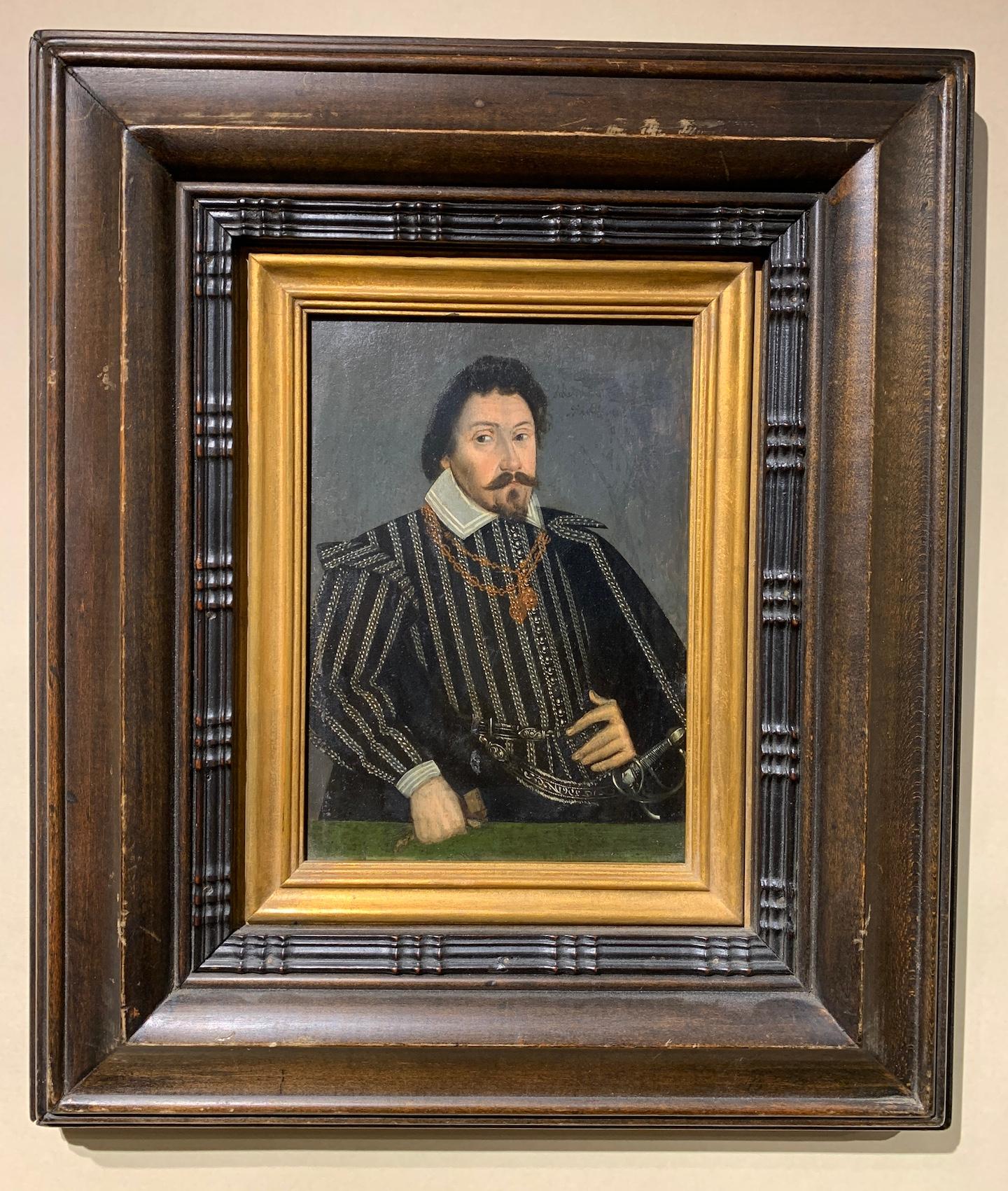 English 17th century Figurative Painting - Early 17th century Portrait of a Nobleman, with sword, on a wood panel