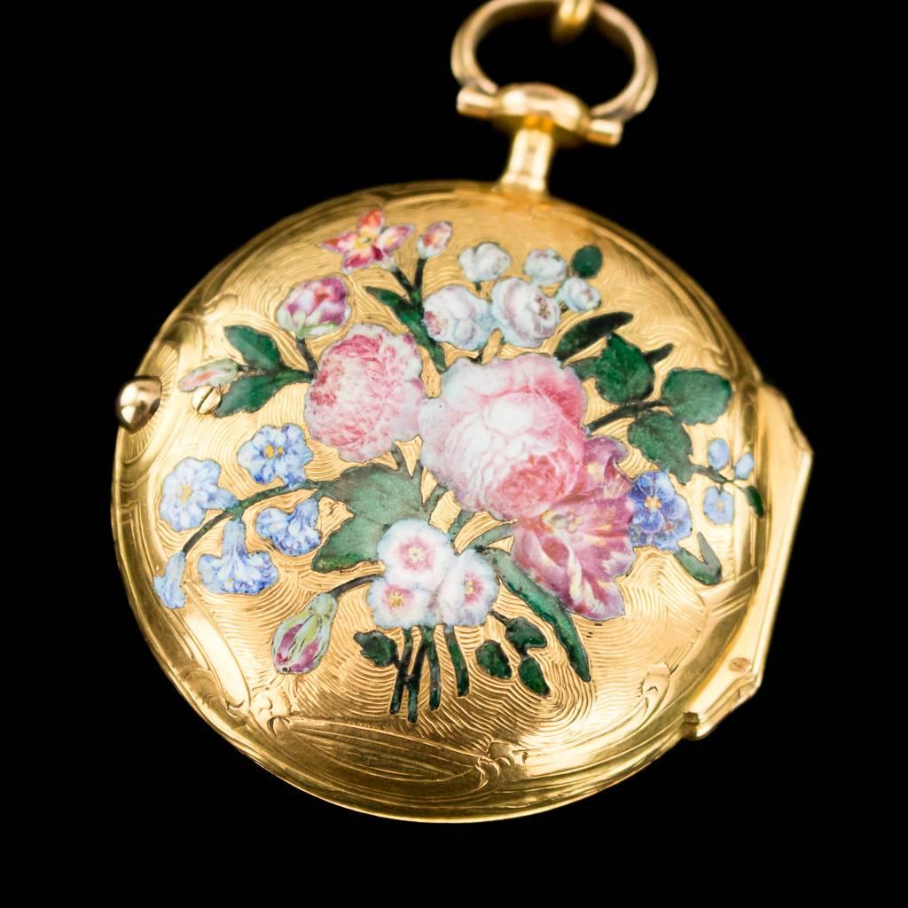 18th Century English 18-Carat Gold and Enamel Open-Faced Verge Watch Chatelaine, circa 1700