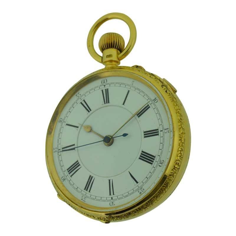 FACTORY / HOUSE: English
STYLE / REFERENCE: Full Size Open Faced Pocket Watch
METAL / MATERIAL: 18Kt. Yellow Gold
CIRCA / YEAR: 1880
DIMENSIONS / SIZE: 54mm
MOVEMENT / 22 CALIBER: Manual Winding / 7 Jewels 
DIAL / HANDS: Original Double Sunk Enamel
