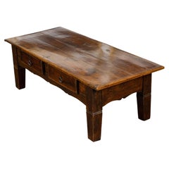 English 1800s Elm Coffee Table with Two Drawers and Distressed Patina