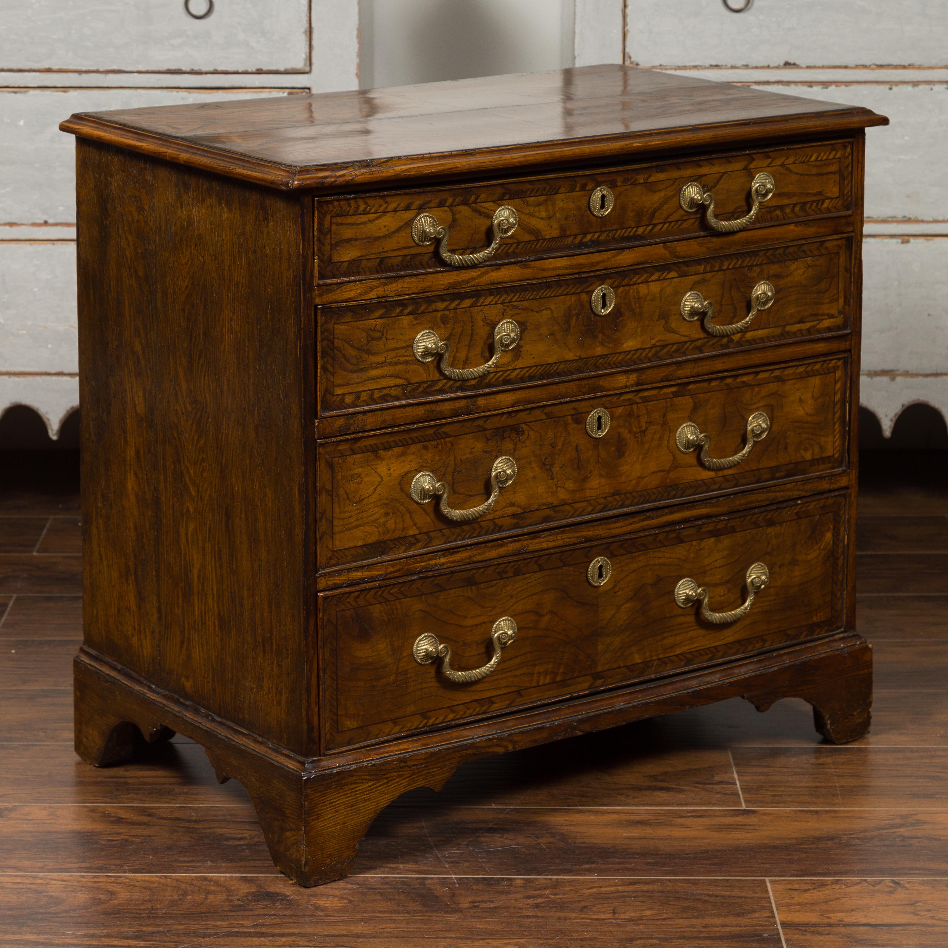 English 1800s George III Burl Wood Four-Drawer Commode with Feather Banding For Sale 8