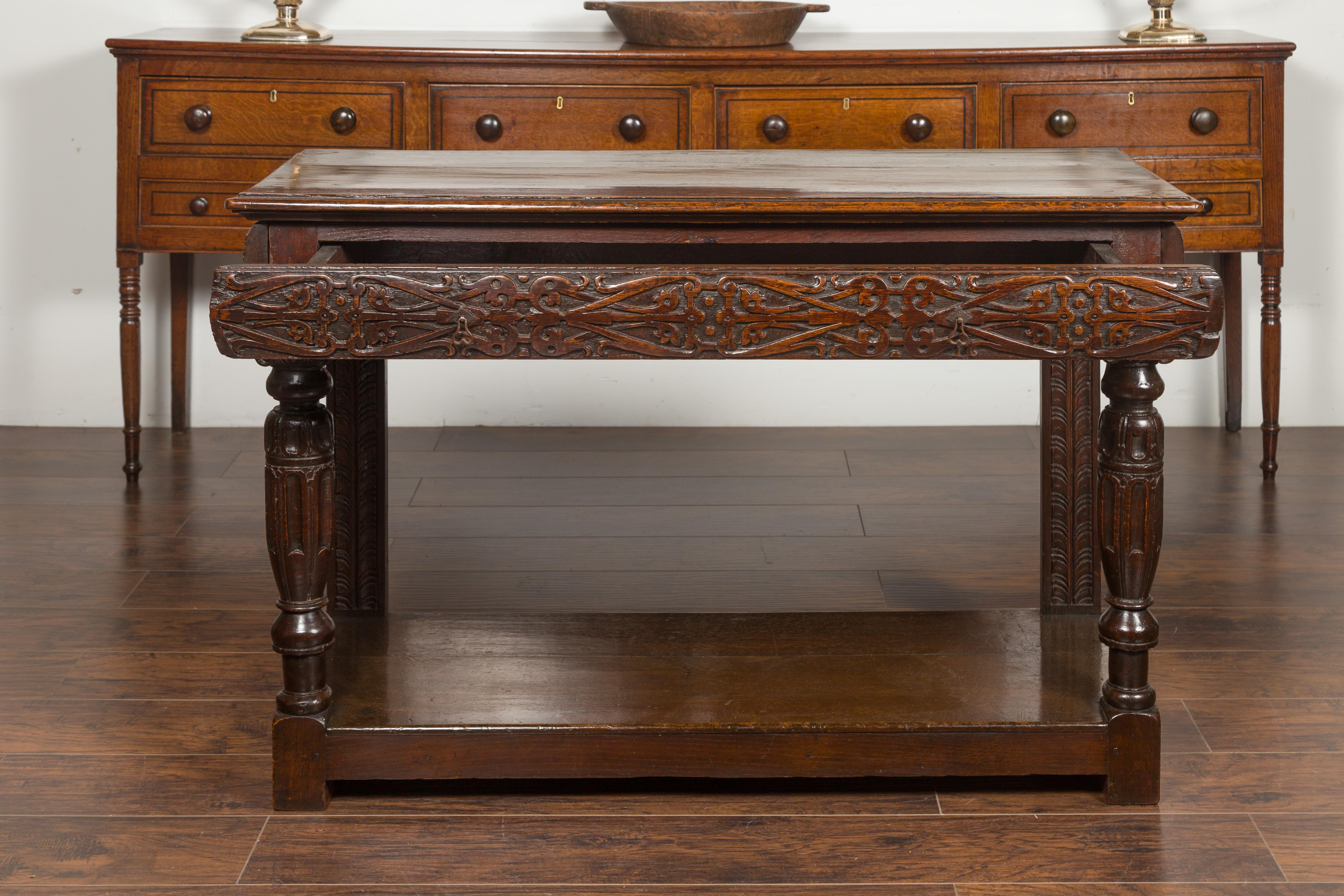 English 1800s George III Oak Console Table with Carved Drawer and Ionic Capitals For Sale 8