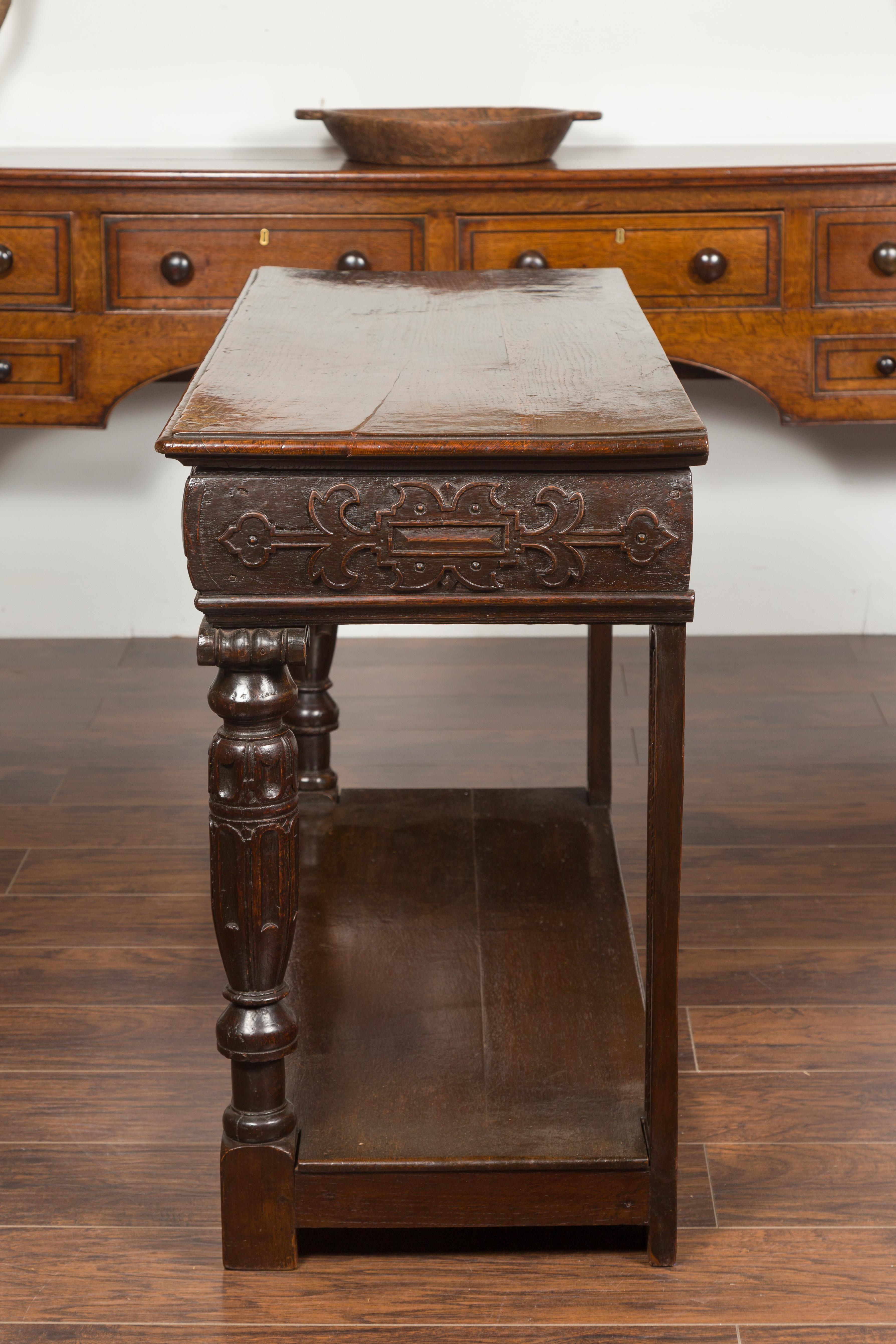 English 1800s George III Oak Console Table with Carved Drawer and Ionic Capitals For Sale 14