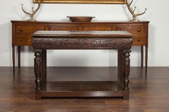 English 1800s George III Oak Console Table with Carved Drawer and Ionic Capitals