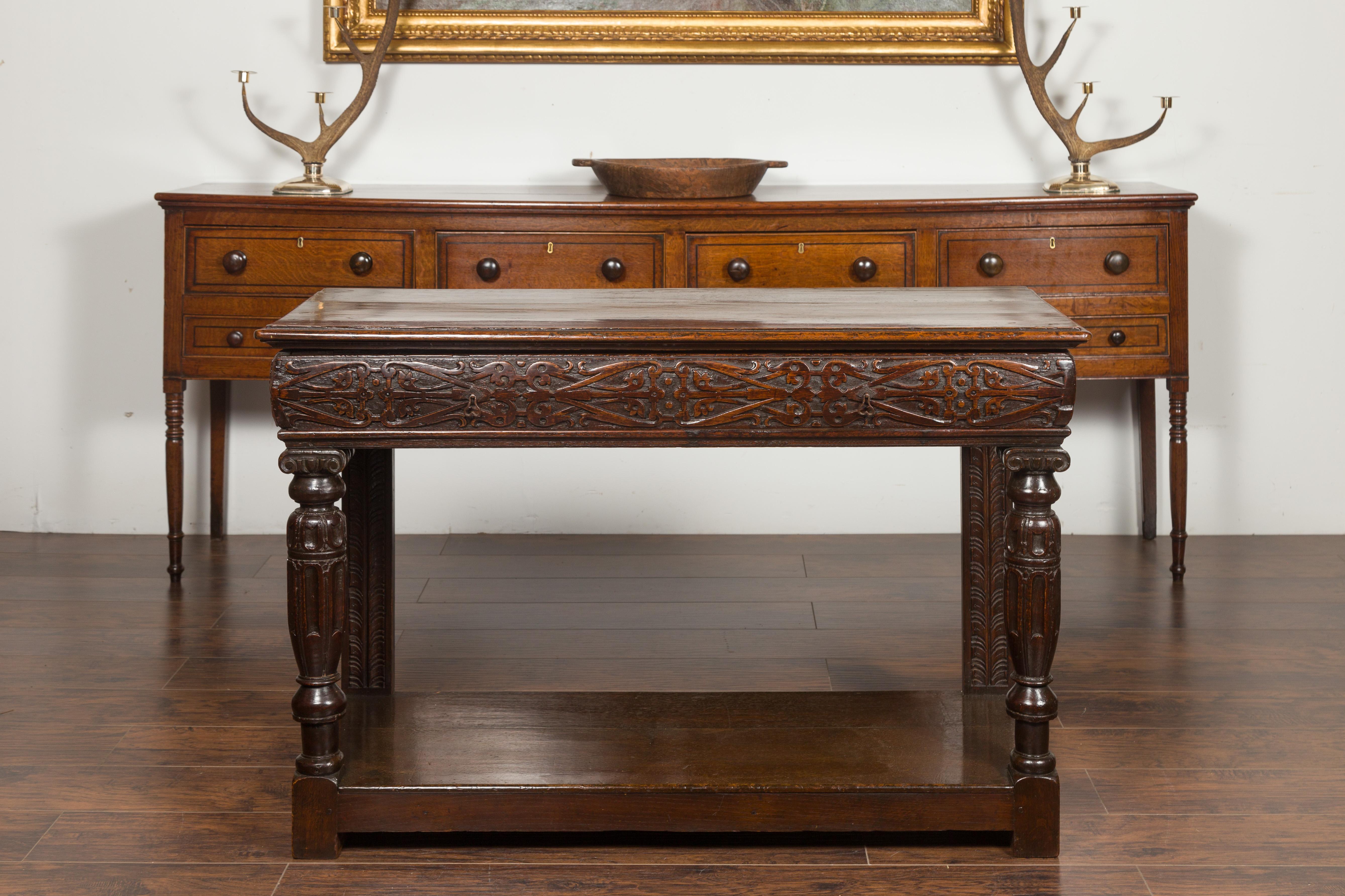 19th Century English 1800s George III Oak Console Table with Carved Drawer and Ionic Capitals For Sale