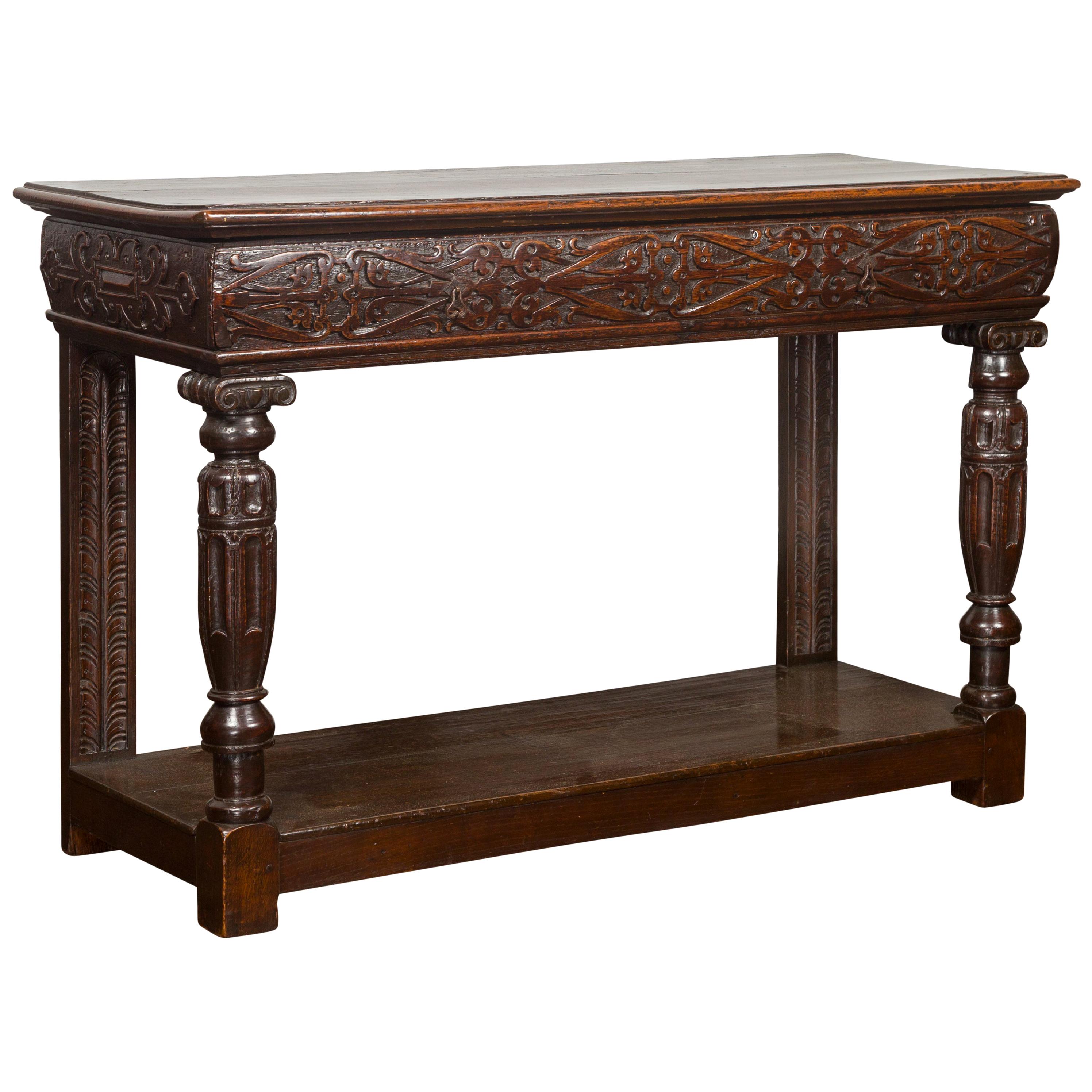 English 1800s George III Oak Console Table with Carved Drawer and Ionic Capitals For Sale