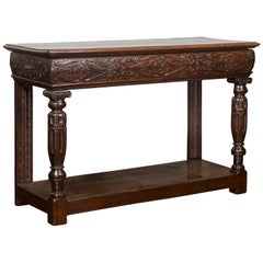 English 1800s George III Oak Console Table with Carved Drawer and Ionic Capitals