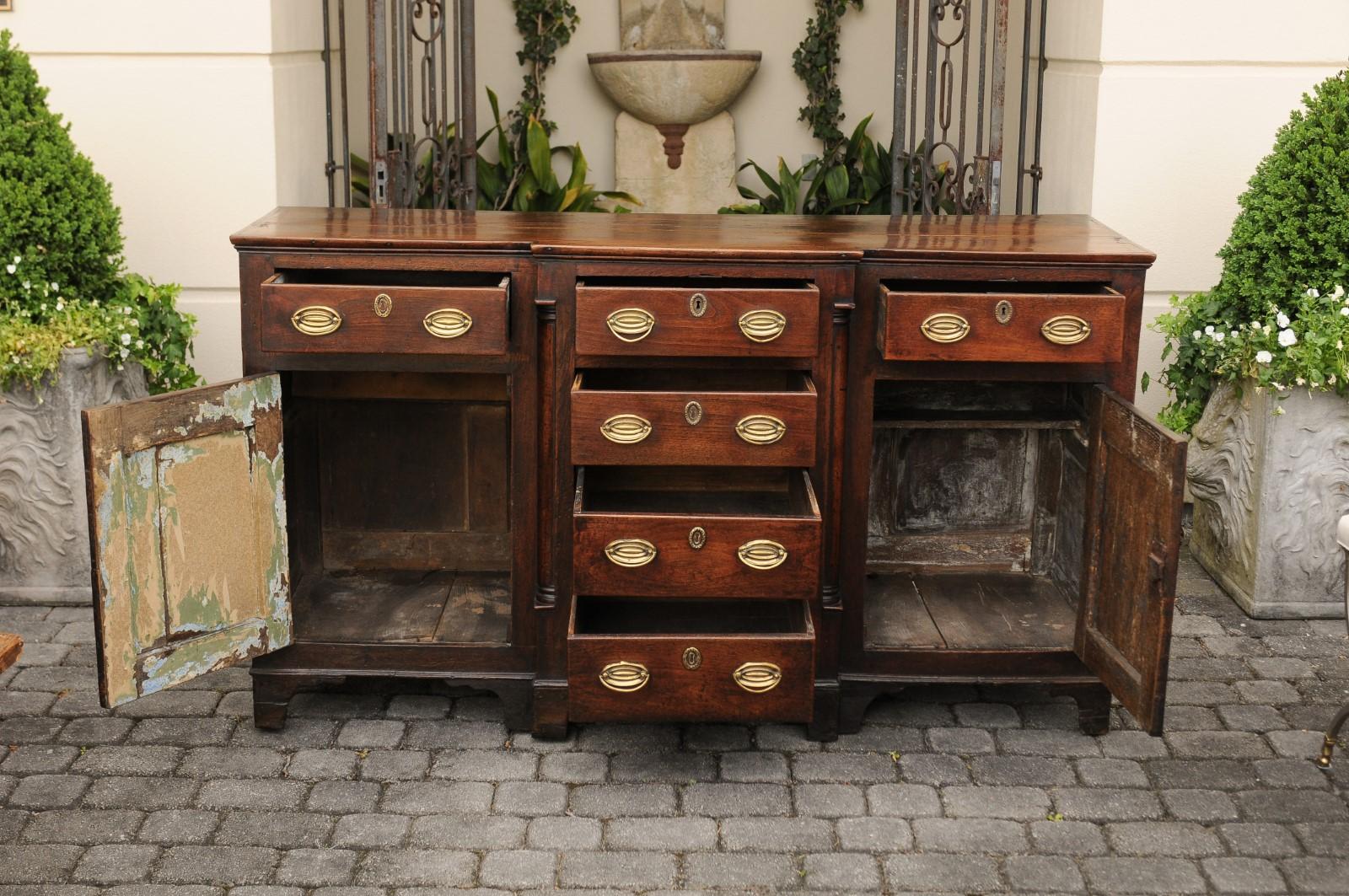 19th Century English 1800s George III Oak Dresser Base with Doors, Drawers and Semi-Columns