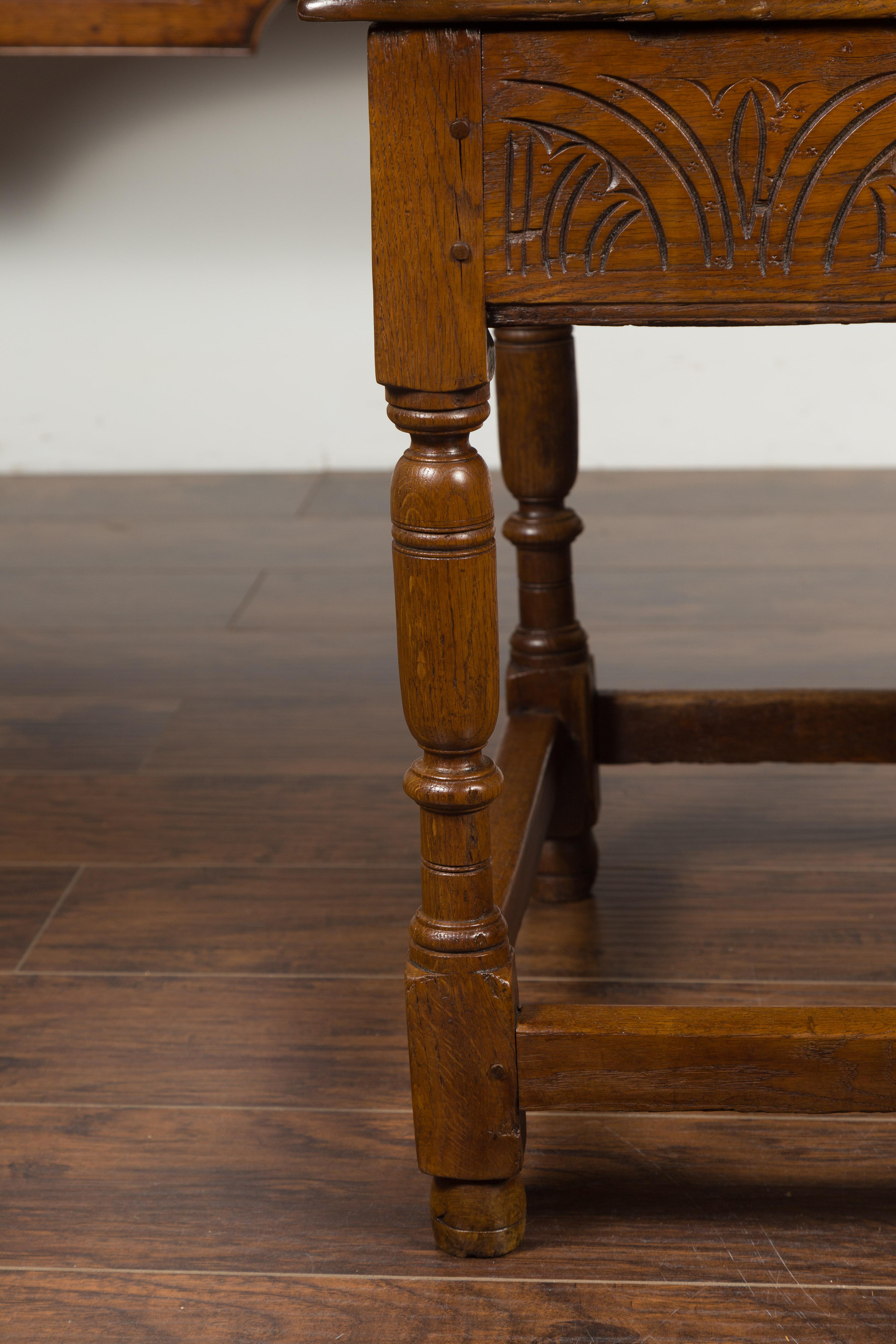 19th Century English 1800s Georgian Period Carved Oak Table with Lift Top and Turned Base For Sale