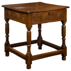 English 1800s Georgian Period Carved Oak Table with Lift Top and Turned Base