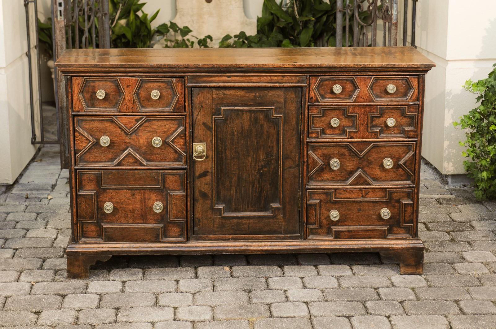 English 1800s Georgian Period Geometric Front Oak Buffet with Door and Drawers 5