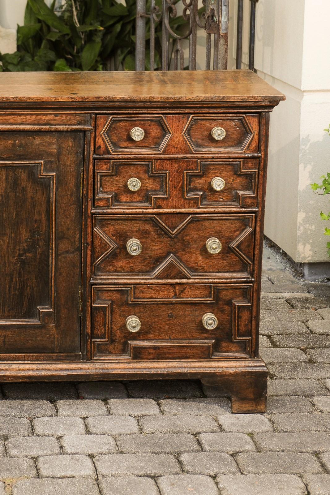 English 1800s Georgian Period Geometric Front Oak Buffet with Door and Drawers 6