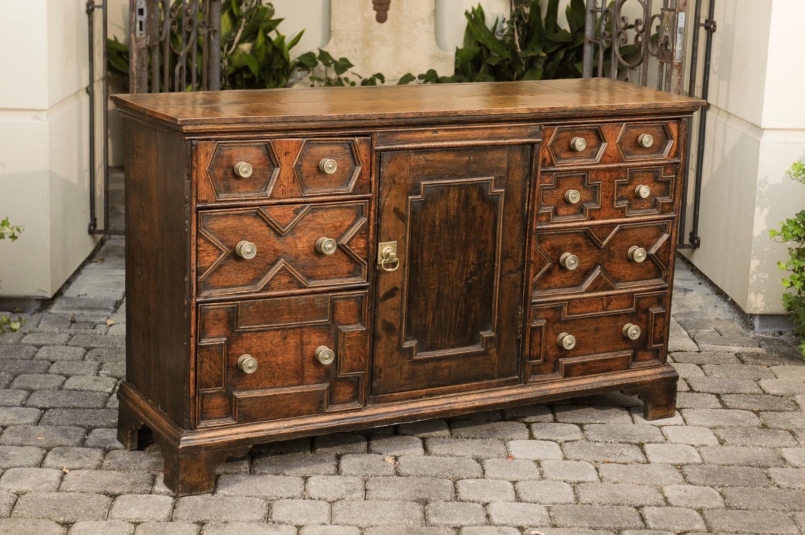 English 1800s Georgian Period Geometric Front Oak Buffet with Door and Drawers In Good Condition In Atlanta, GA