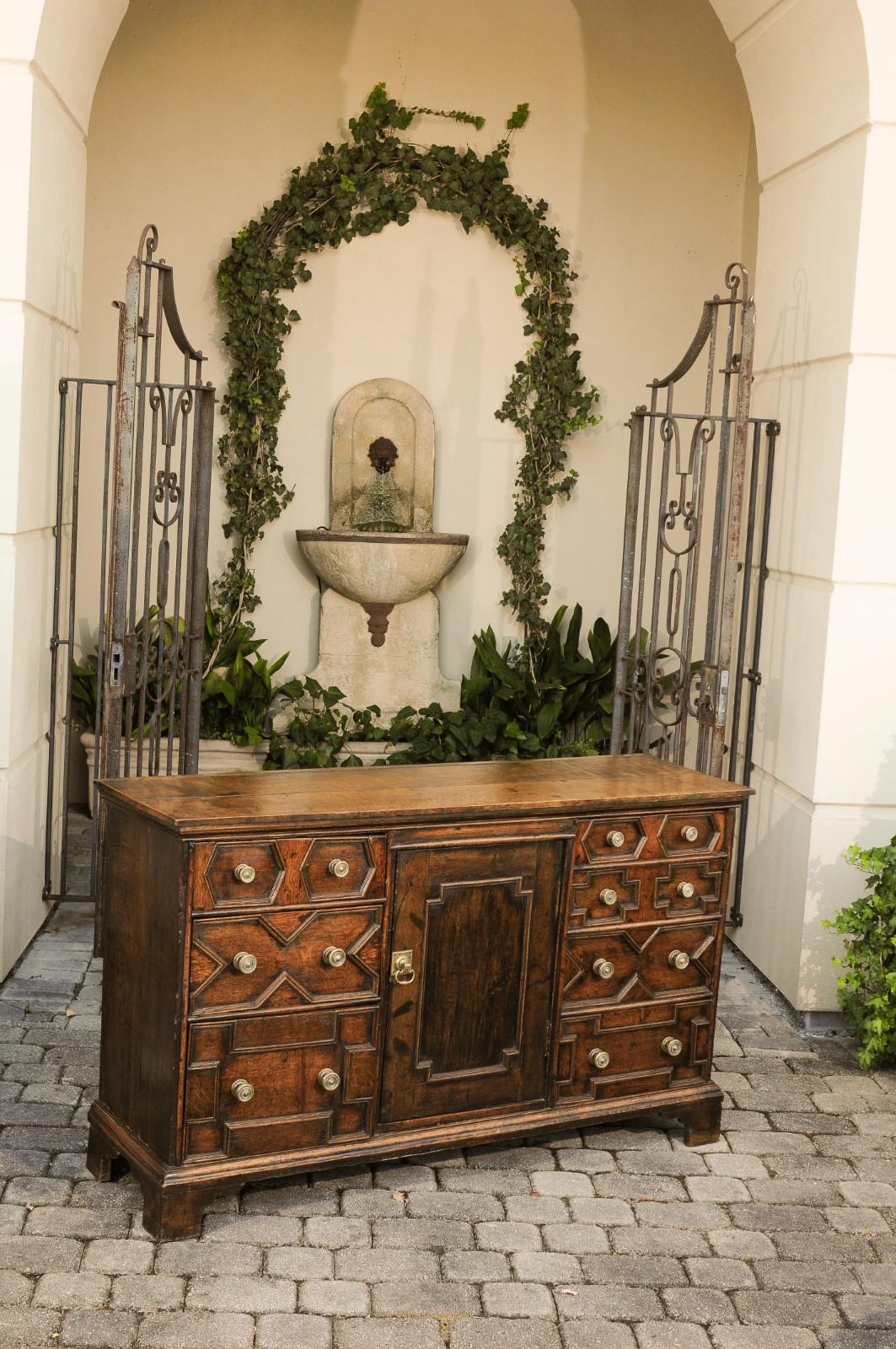 19th Century English 1800s Georgian Period Geometric Front Oak Buffet with Door and Drawers