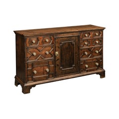 English 1800s Georgian Period Geometric Front Oak Buffet with Door and Drawers