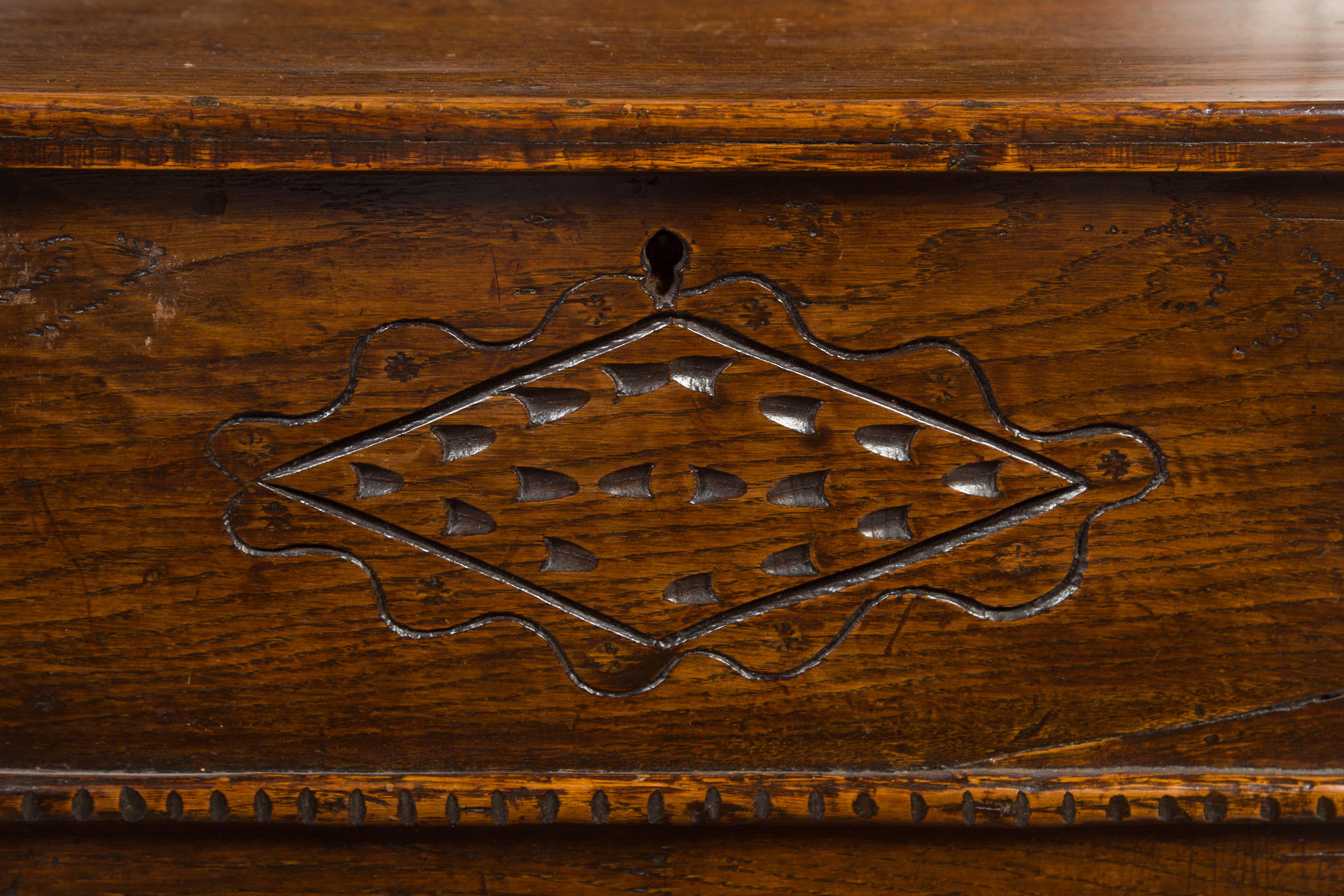 19th Century English 1800s Georgian Period Mini Oak Coffer with Geometric Carved Motifs