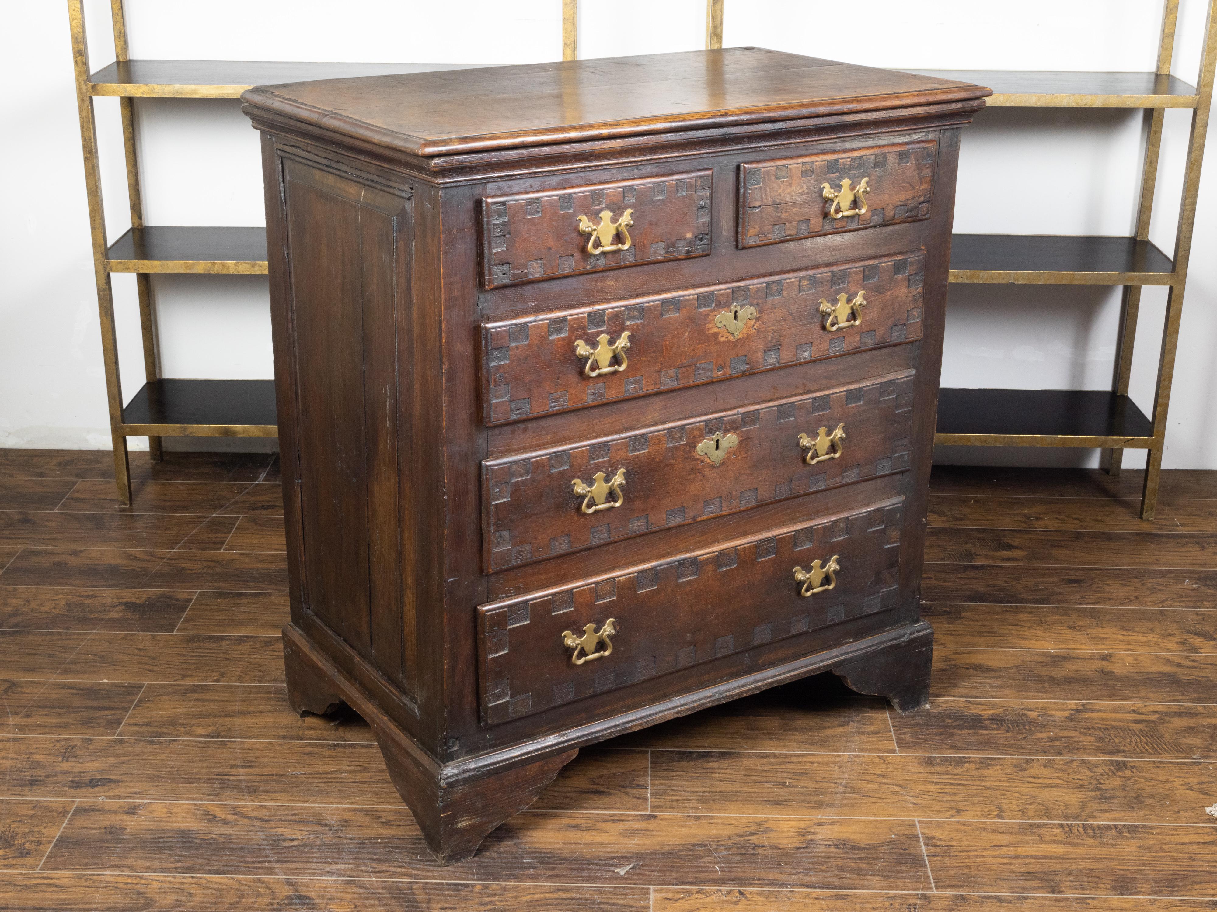 19th Century English 1800s Georgian Period Oak Five-Drawer Chest with Carved Square Motifs