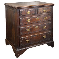 Antique English 1800s Georgian Period Oak Five-Drawer Chest with Carved Square Motifs