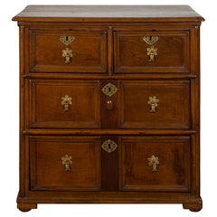 English 1800s Georgian Period Oak Four-Drawer Chest with Floral Brass Hardware