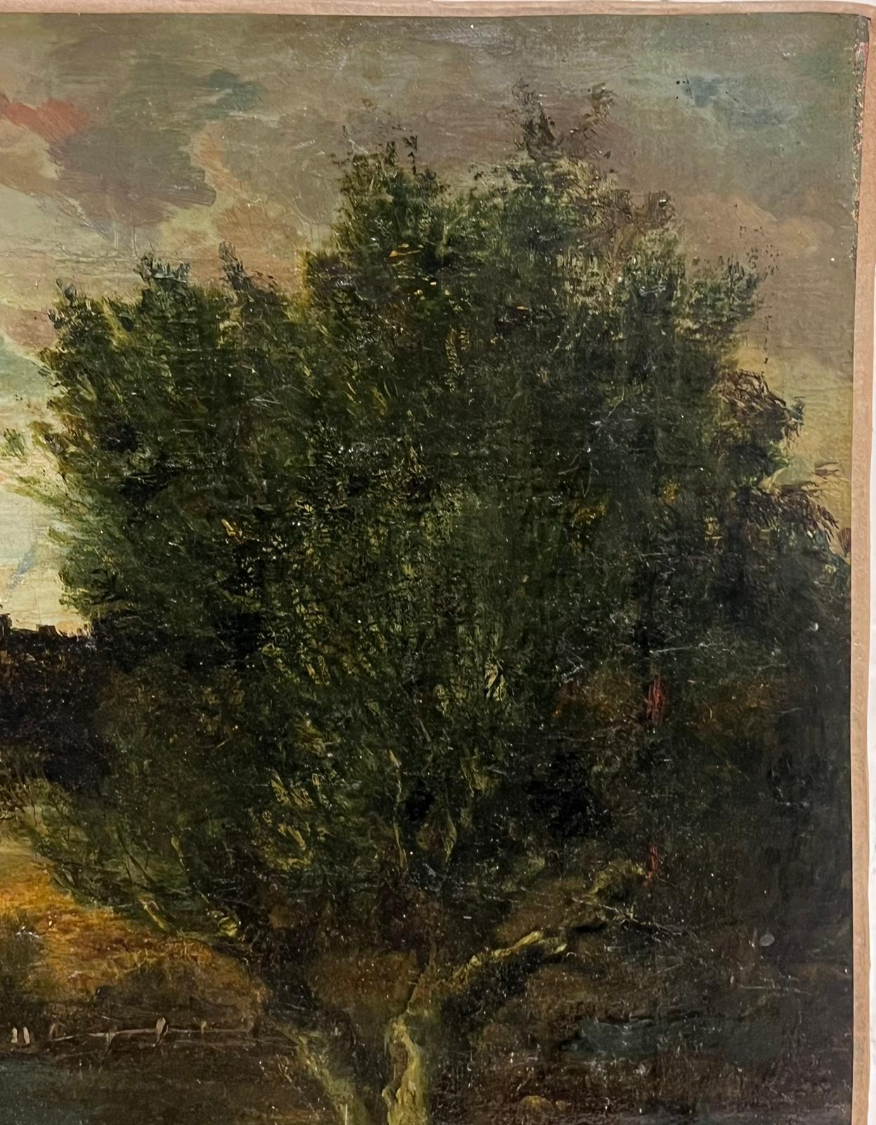 Olio inglese dei primi anni del 1800: Paesaggio di campagna con figura di fiume - Painting di English 1800's
